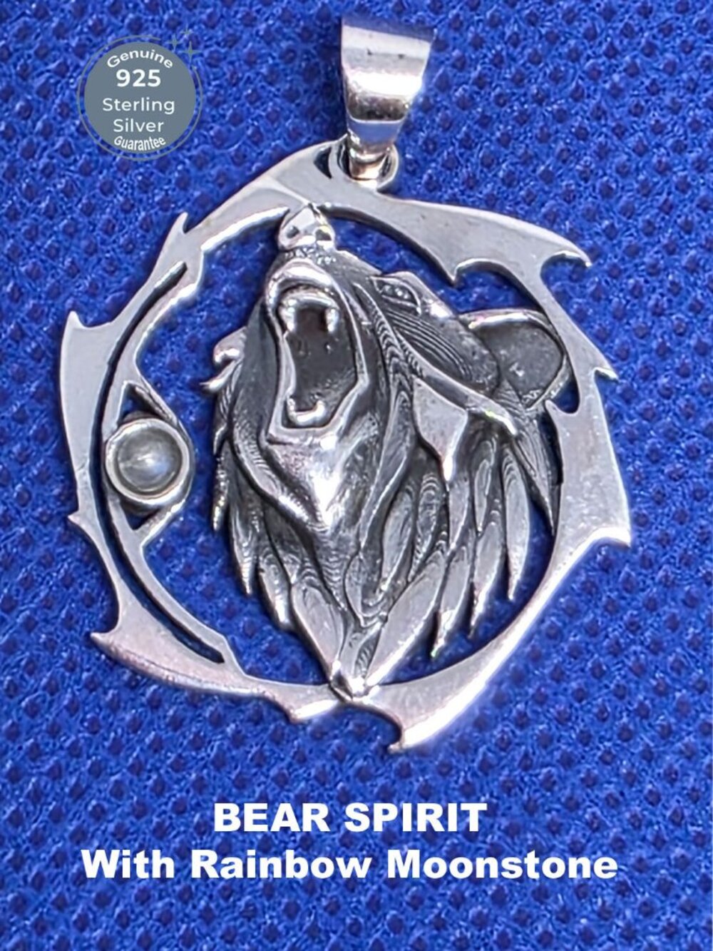 Sterling Silver 925 𝑩𝒆𝒂𝒓 𝒔𝒑𝒊𝒓𝒊𝒕 w/Rainbow Moonstone Amulet Necklace